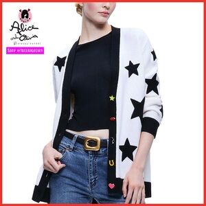 Alice + Olivia Bradford Novelty Button Soft White Black Cardigan Sweater